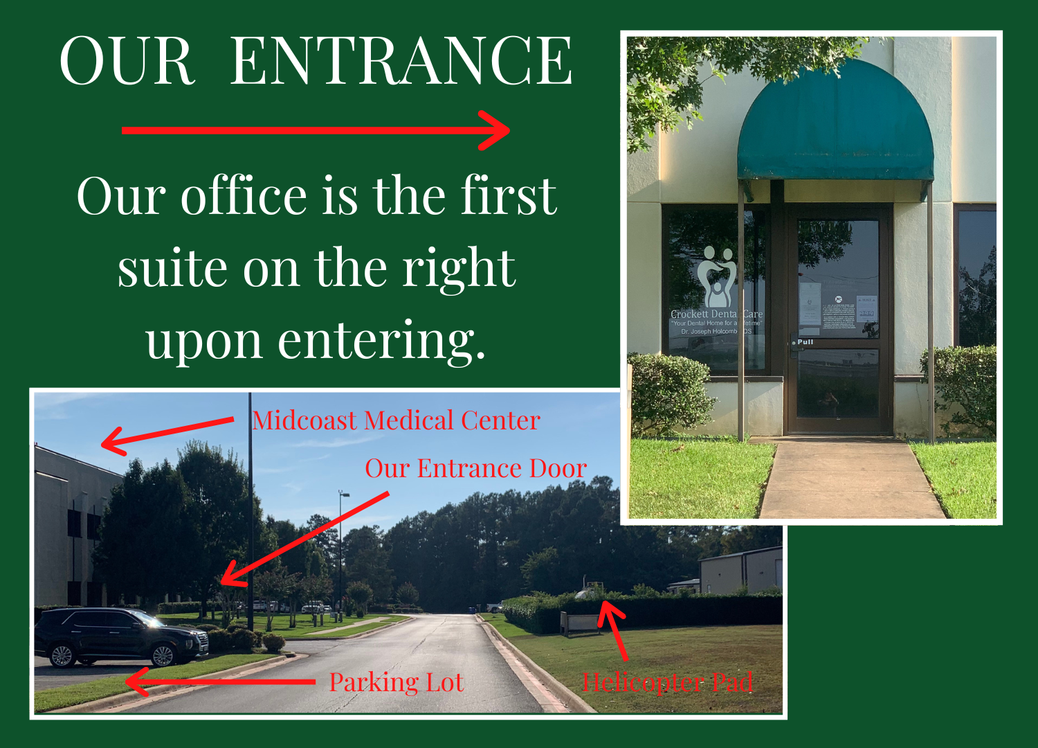 Photo depictions of where our entrance door is located.